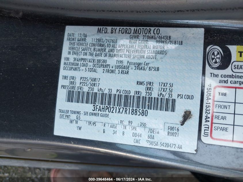 2007 Ford Fusion Sel VIN: 3FAHP021X7R188580 Lot: 39648464