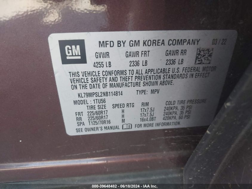 2022 Chevrolet Trailblazer Fwd Lt VIN: KL79MPSL2NB114814 Lot: 39648482