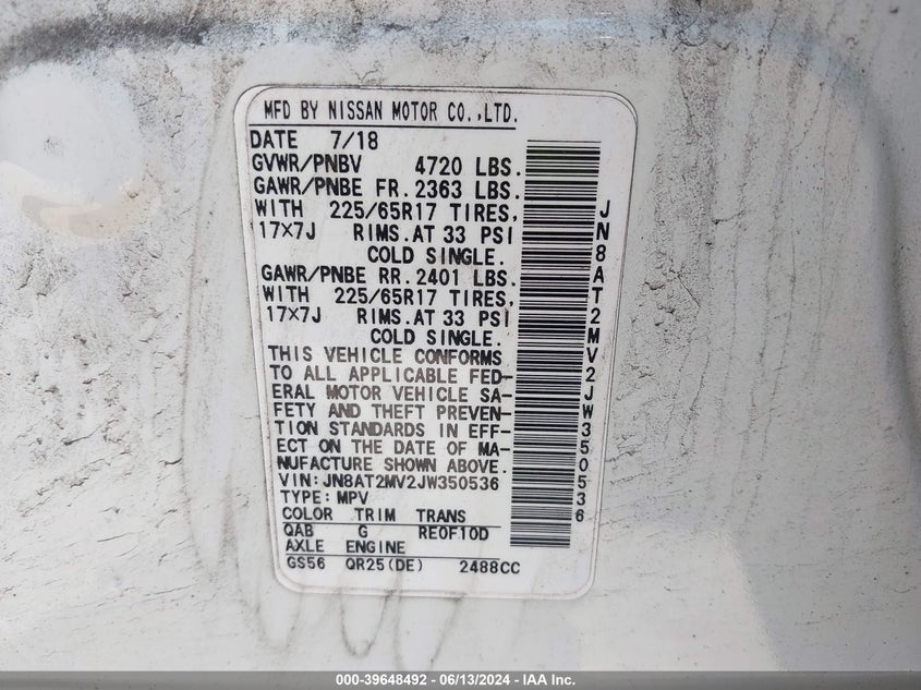 2018 Nissan Rogue Sv VIN: JN8AT2MV2JW350536 Lot: 39648492