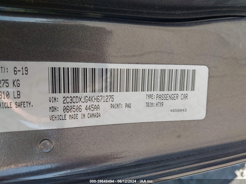 VIN 2C3CDXJG4KH671275 2019 DODGE CHARGER SXT AWD