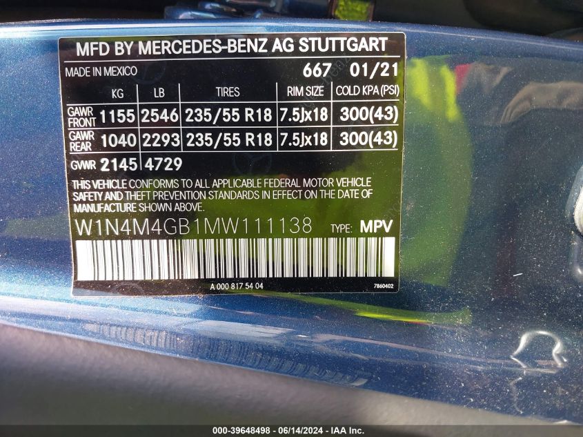 W1N4M4GB1MW111138 2021 Mercedes-Benz Glb 250