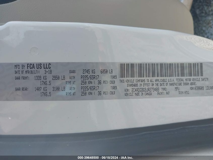 2018 Dodge Grand Caravan Se VIN: 2C4RDGBG9JR273489 Lot: 39648500