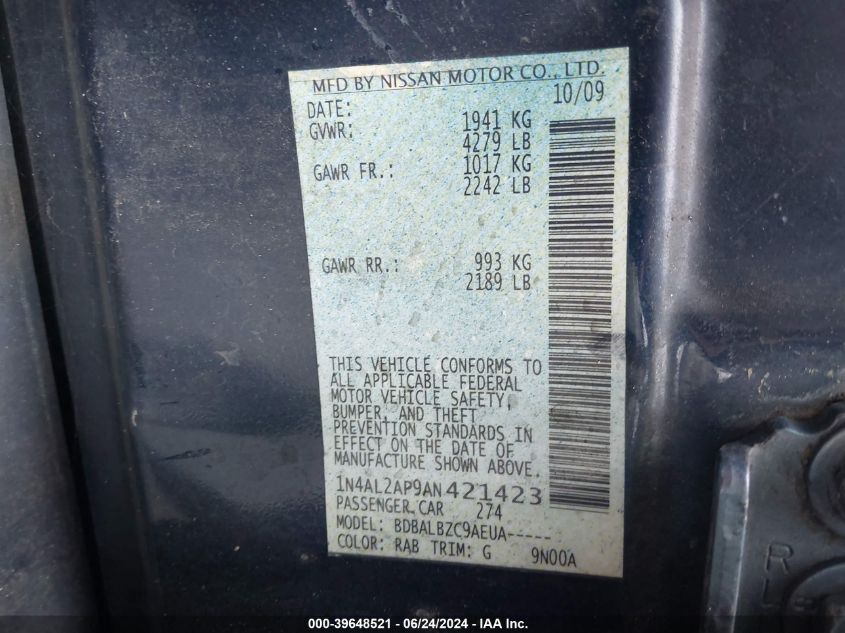 2010 Nissan Altima 2.5 S VIN: 1N4AL2AP9AN421423 Lot: 39648521