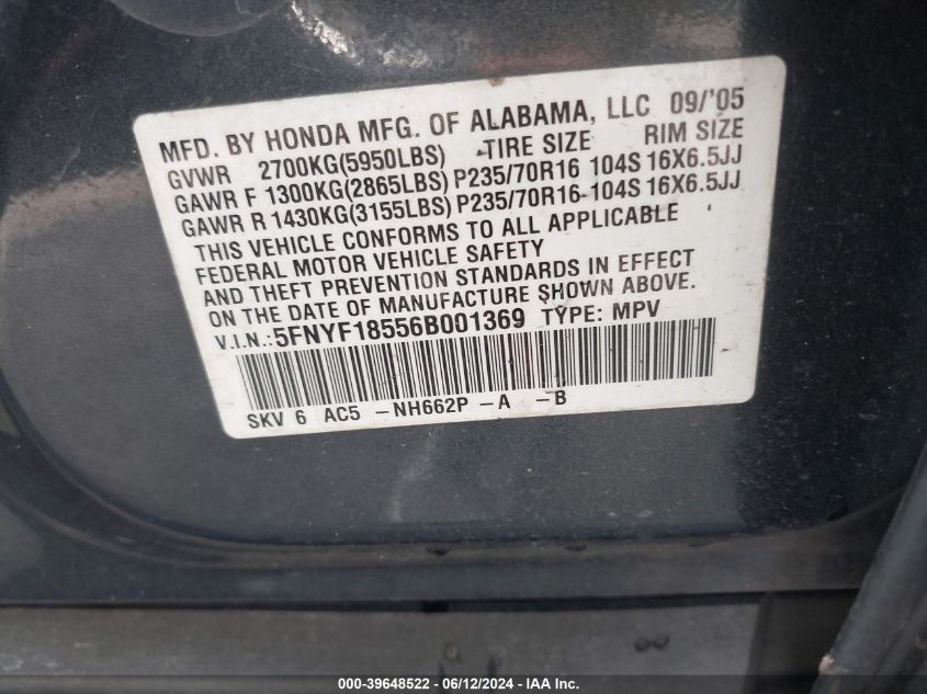 2006 Honda Pilot Ex-L VIN: 5FNYF18556B001369 Lot: 39648522