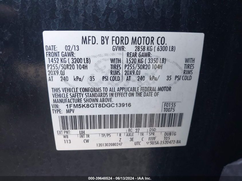 2013 Ford Explorer Sport VIN: 1FM5K8GT8DGC13916 Lot: 39648524