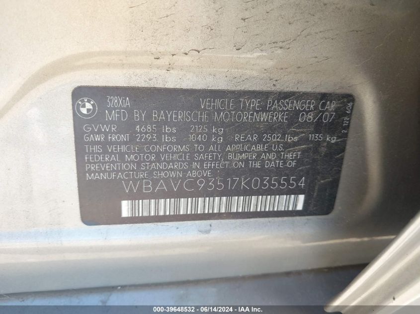 2007 BMW 328Xi VIN: WBAVC93517K035554 Lot: 39648532