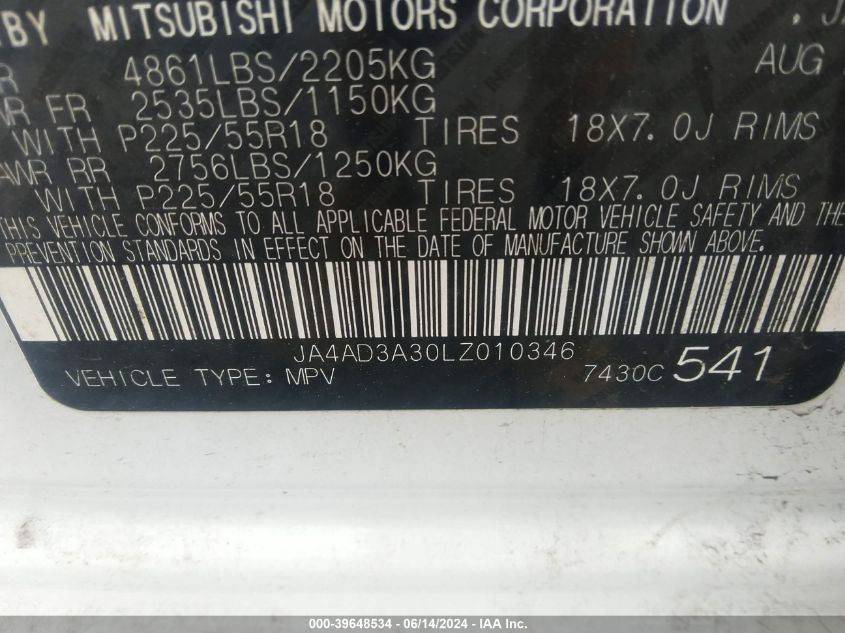 2020 Mitsubishi Outlander Sel 2.4 VIN: JA4AD3A30LZ010346 Lot: 39648534