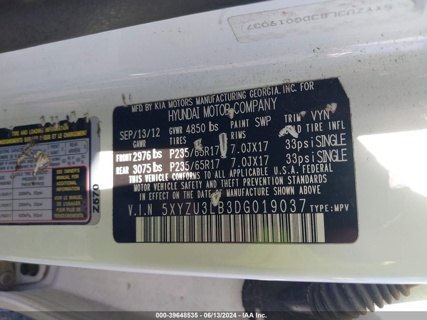 2013 Hyundai Santa Fe Sport VIN: 5XYZU3LB3DG019037 Lot: 39648535
