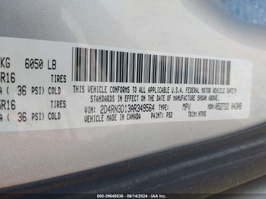 2010 Dodge Grand Caravan Hero VIN: 2D4RN3D13AR349564 Lot: 39648536