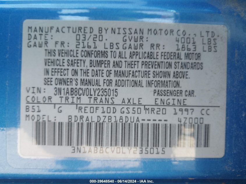 2020 Nissan Sentra Sv Xtronic Cvt VIN: 3N1AB8CV0LY235015 Lot: 39648540