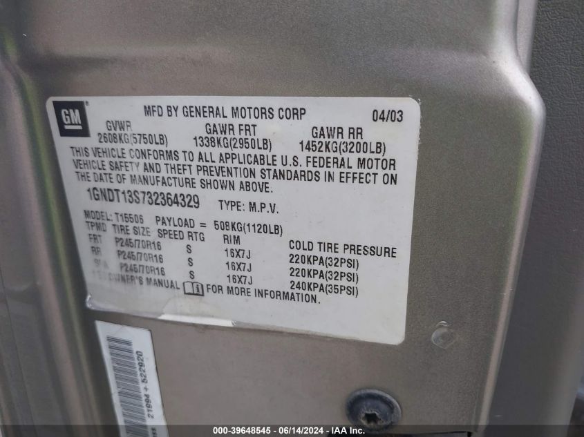 2003 Chevrolet Trailblazer Lt VIN: 1GNDT13S732364329 Lot: 39648545