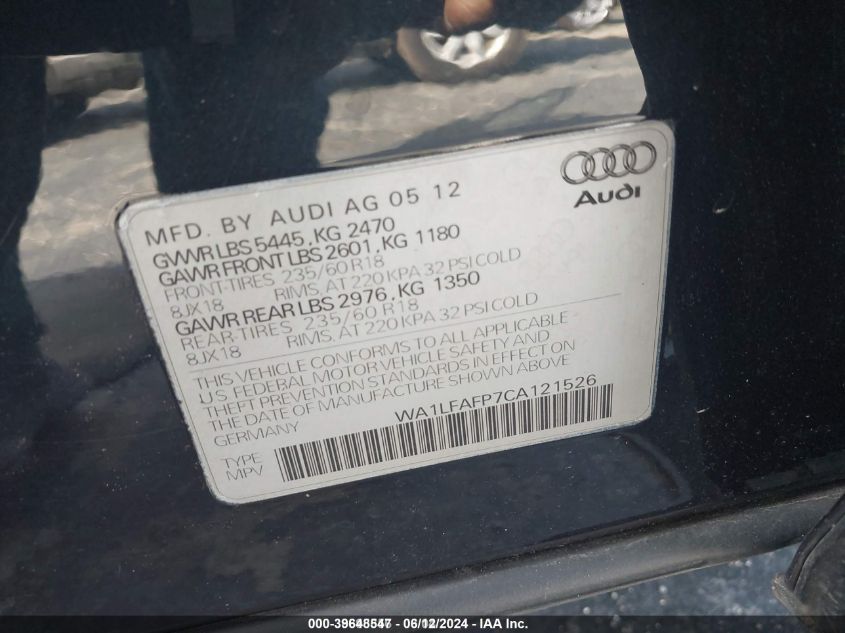 2012 Audi Q5 2.0T Premium VIN: WA1LFAFP7CA121526 Lot: 39648547