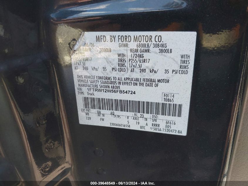 2006 Ford F-150 Xlt VIN: 1FTRW12W56FB54724 Lot: 39648549