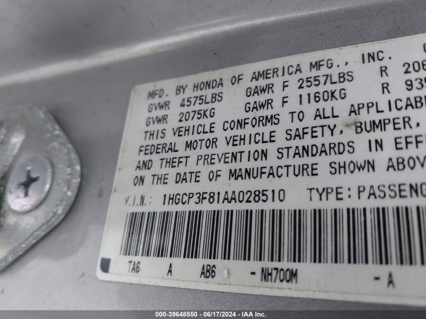 2010 Honda Accord 3.5 Ex-L VIN: 1HGCP3F81AA028510 Lot: 39648550