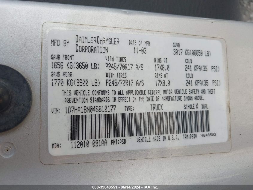 2004 Dodge Ram 1500 St VIN: 1D7HA18N04S610177 Lot: 39648551