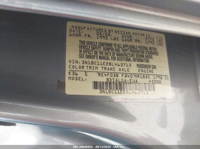 2008 Nissan Versa 1.8Sl VIN: 3N1BC11E28L463713 Lot: 39648553