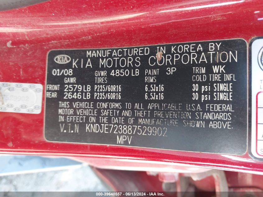 2008 Kia Sportage Lx V6 VIN: KNDJE723887529902 Lot: 39648557
