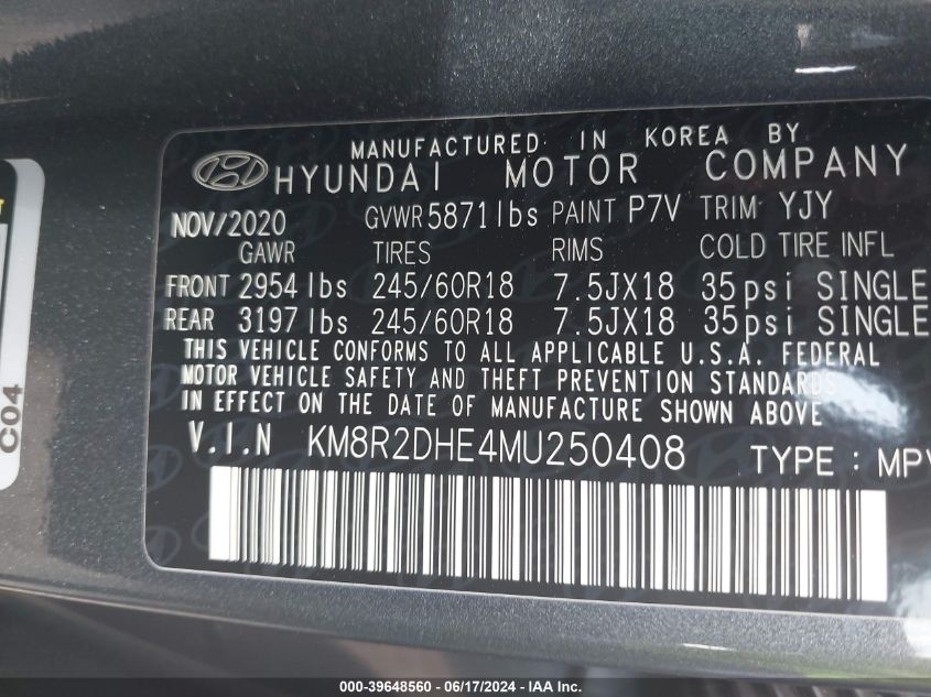 2021 HYUNDAI PALISADE SEL - KM8R2DHE4MU250408
