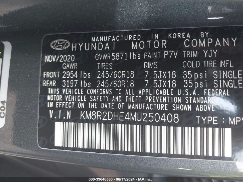 2021 Hyundai Palisade Sel VIN: KM8R2DHE4MU250408 Lot: 39648560