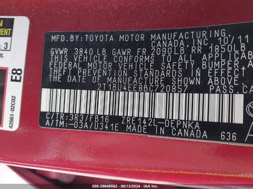 2011 Toyota Corolla Le VIN: 2T1BU4EE8BC720857 Lot: 39648562