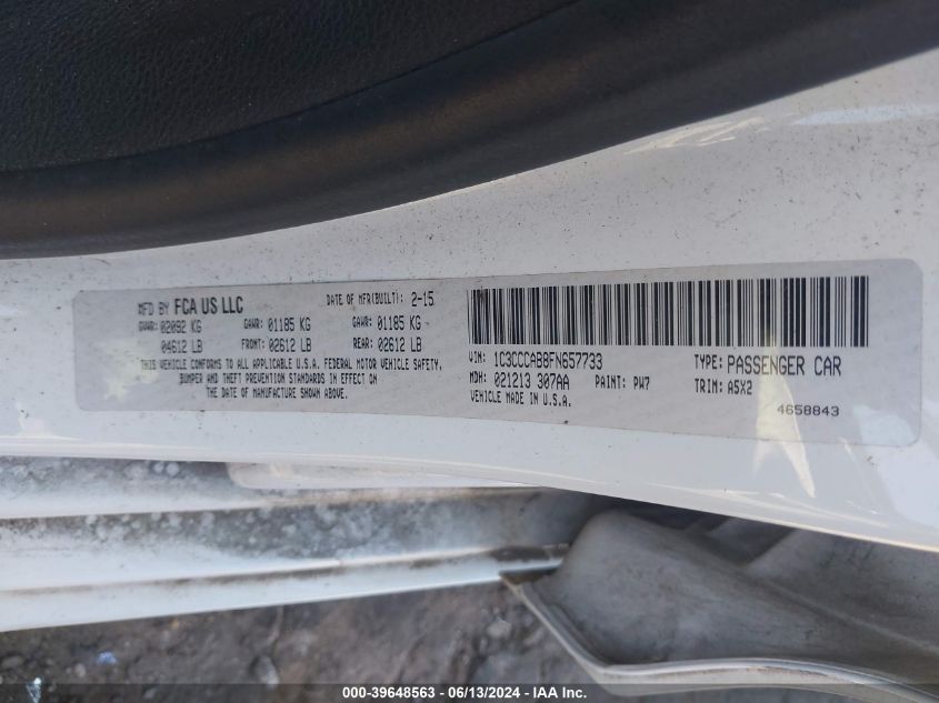 2015 Chrysler 200 Limited VIN: 1C3CCCAB8FN657733 Lot: 39648563