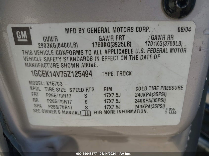 2005 Chevrolet Silverado 1500 VIN: 1GCEK14V75Z125494 Lot: 39648577