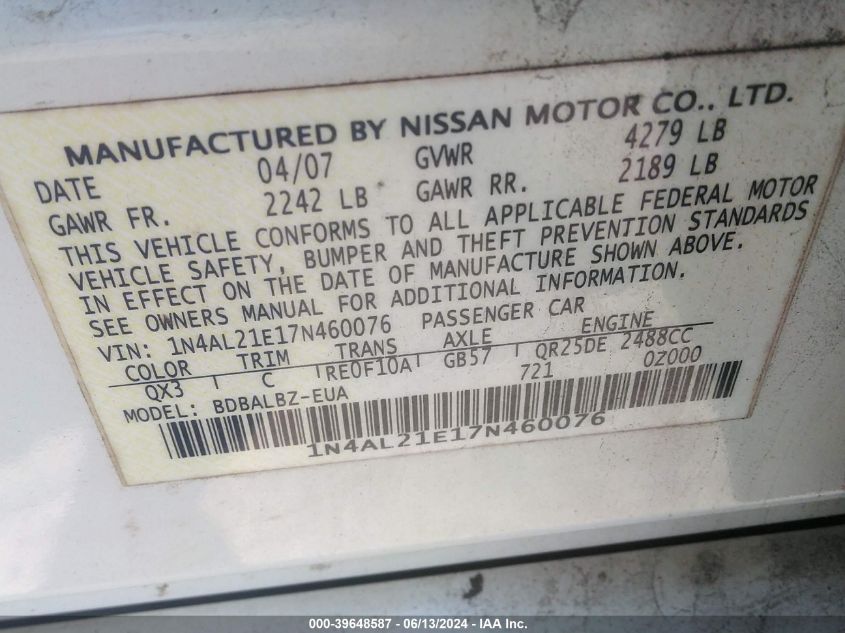 1N4AL21E17N460076 2007 Nissan Altima 2.5 S