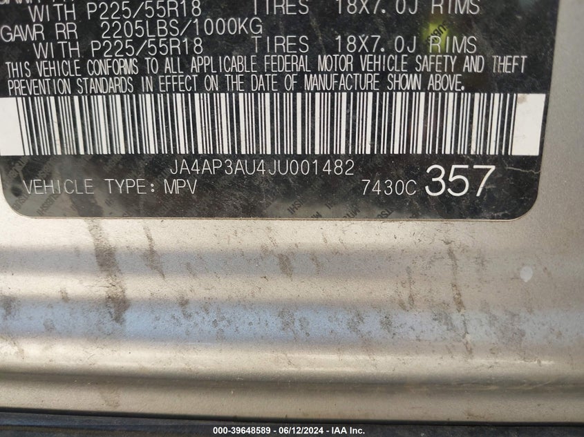 2018 Mitsubishi Outlander Sport 2.0 Es VIN: JA4AP3AU4JU001482 Lot: 39648589