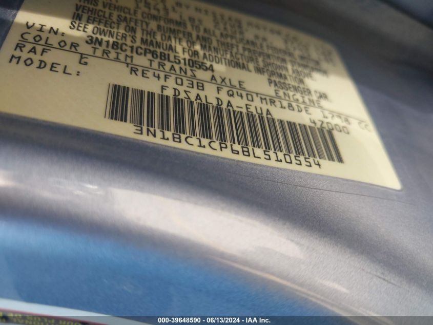 2011 Nissan Versa 1.8S VIN: 3N1BC1CP6BL510554 Lot: 39648590