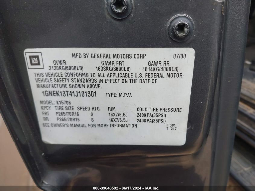 2001 Chevrolet Tahoe Lt VIN: 1GNEK13T41J10130 Lot: 39648592