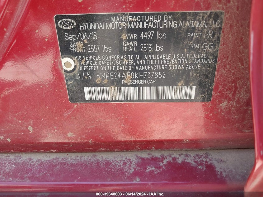 VIN 5NPE24AF8KH737852 2019 HYUNDAI SONATA SE