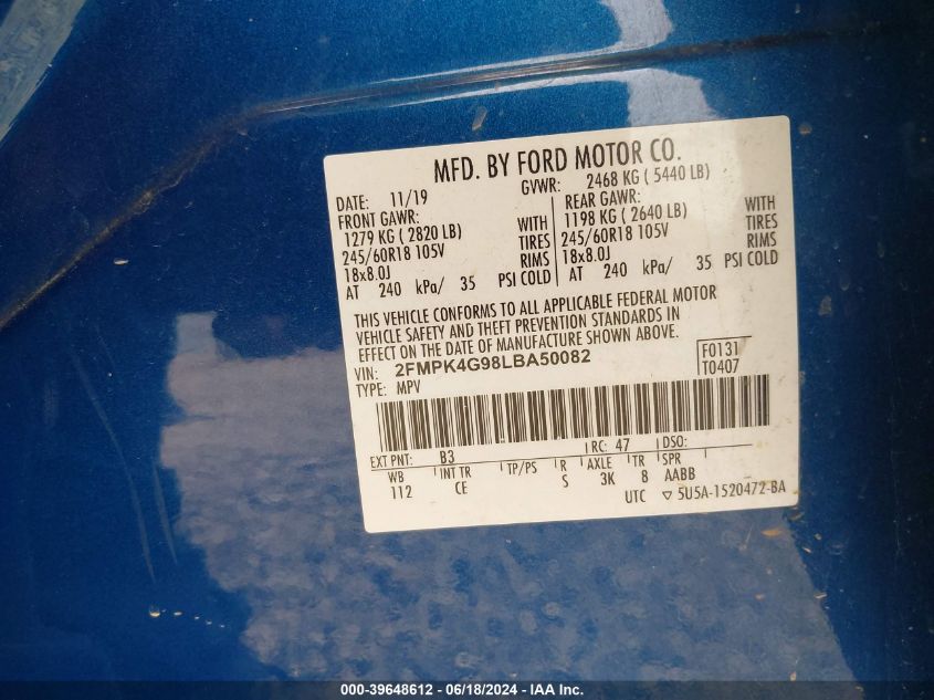 2020 Ford Edge Se VIN: 2FMPK4G98LBA50082 Lot: 39648612