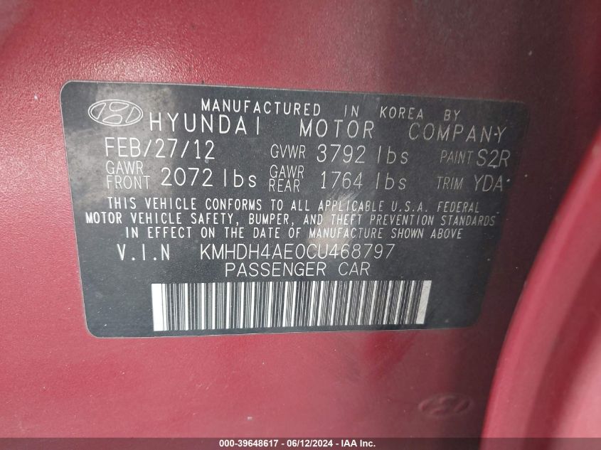 2012 Hyundai Elantra Gls (Ulsan Plant) VIN: KMHDH4AE0CU468797 Lot: 39648617