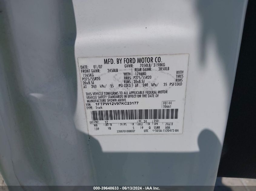 2007 Ford F-150 Lariat/Xlt VIN: 1FTPW12V97KC23177 Lot: 39648633
