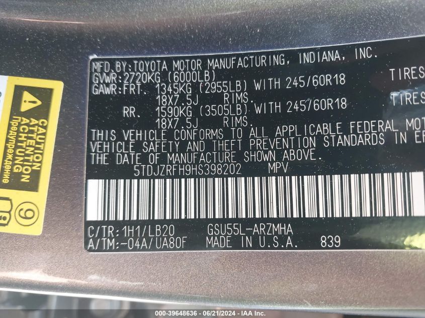 2017 Toyota Highlander Xle VIN: 5TDJZRFH9HS398202 Lot: 39648636