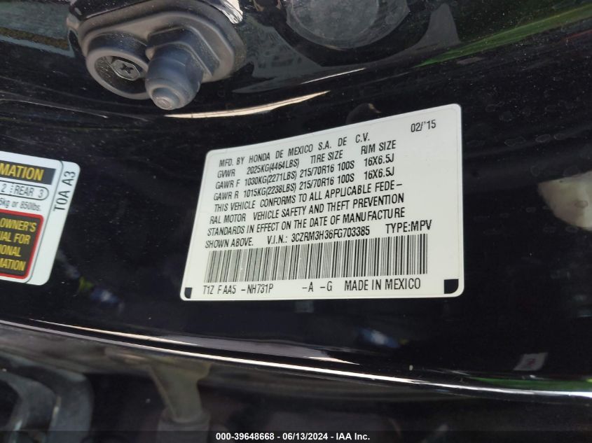 2015 Honda Cr-V Lx VIN: 3CZRM3H36FG703385 Lot: 39648668