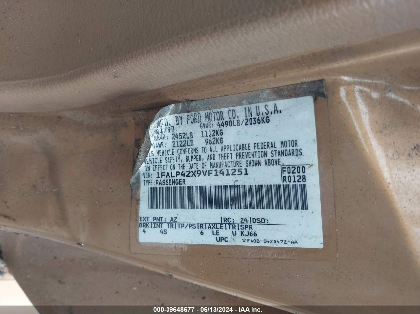 1997 Ford Mustang Gt VIN: 1FALP42X9VF141251 Lot: 39648677