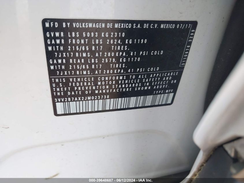 2018 Volkswagen Tiguan 2.0T Se/2.0T Sel VIN: 3VV2B7AX2JM023738 Lot: 39648687