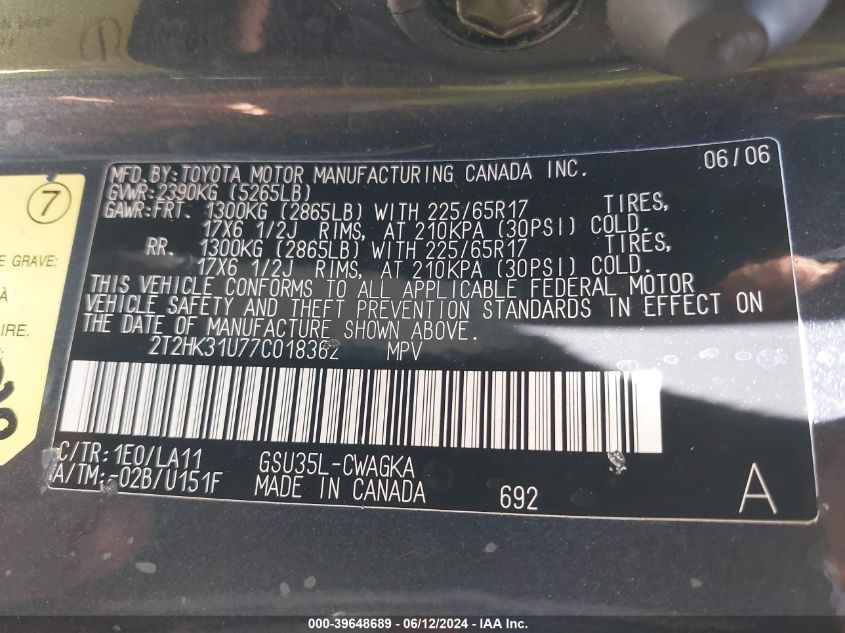 2007 Lexus Rx 350 VIN: 2T2HK31U77C018362 Lot: 39648689