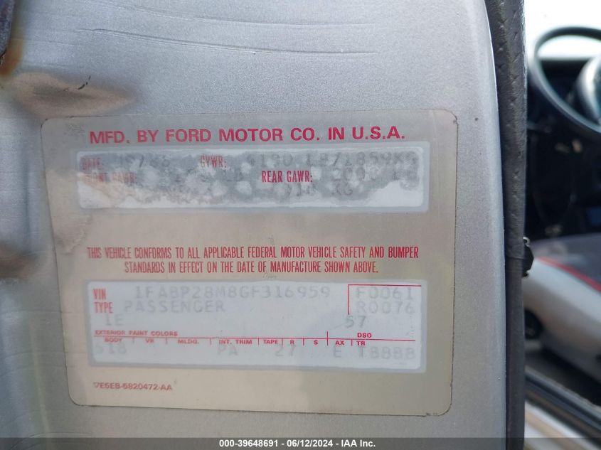 1986 Ford Mustang Lx/Gt VIN: 1FABP28M8GF316959 Lot: 39648691