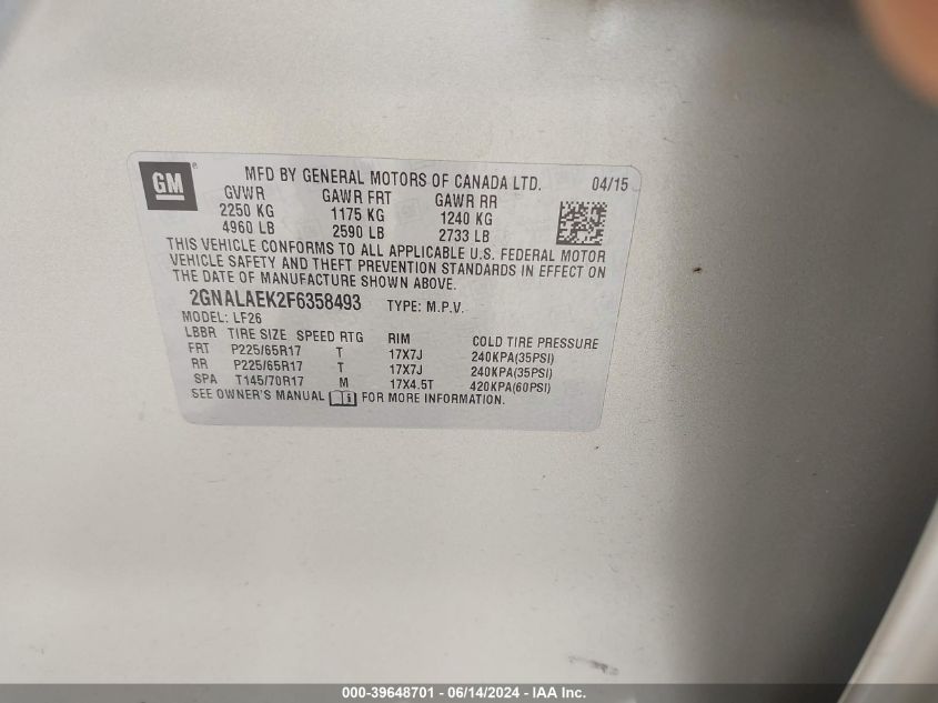 2015 Chevrolet Equinox Ls VIN: 2GNALAEK2F6358493 Lot: 39648701
