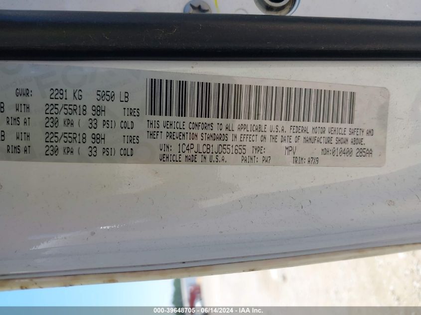 2018 Jeep Cherokee Latitude VIN: 1C4PJLCB1JD551655 Lot: 39648705