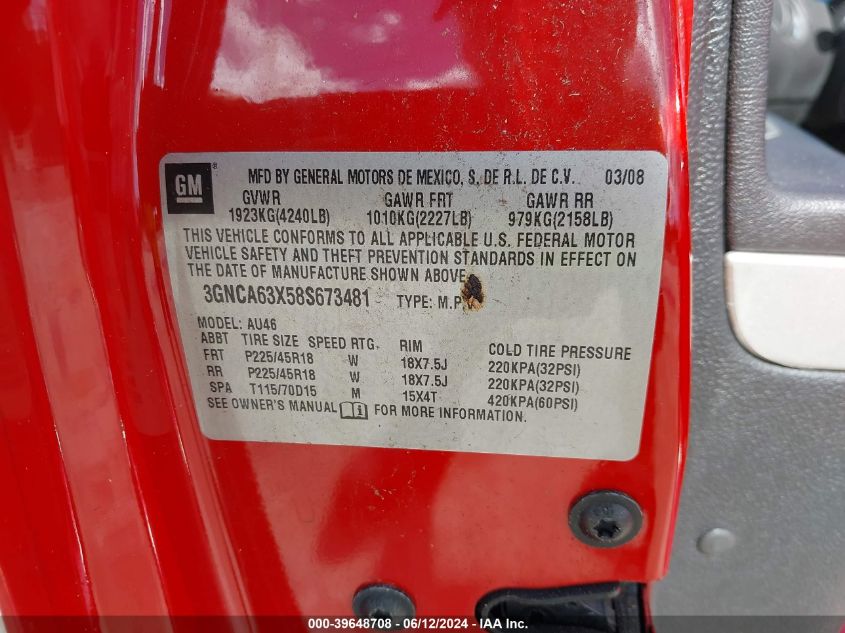2008 Chevrolet Hhr Ss VIN: 3GNCA63X58S673481 Lot: 39648708