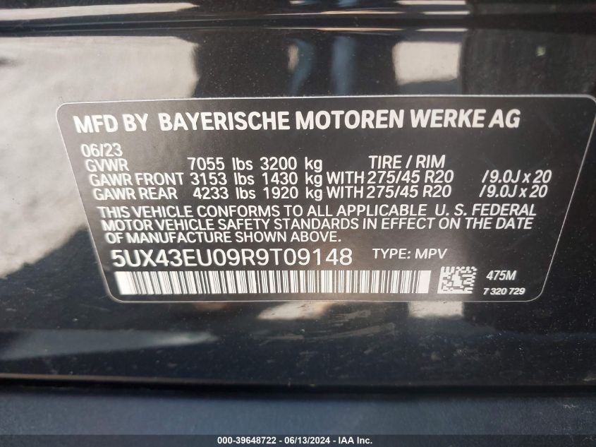 2024 BMW X5 Phev xDrive50E VIN: 5UX43EU09R9T09148 Lot: 39648722