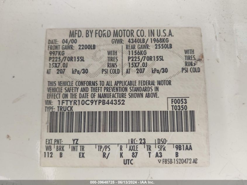 2000 Ford Ranger Xl/Xlt VIN: 1FTYR10C9YPB44352 Lot: 39648725