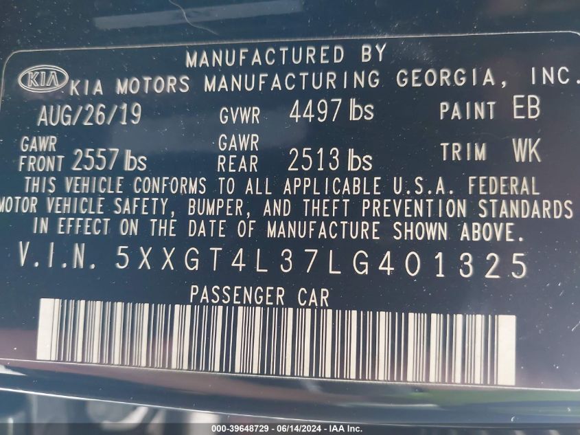 2020 Kia Optima Lx VIN: 5XXGT4L37LG401325 Lot: 39648729