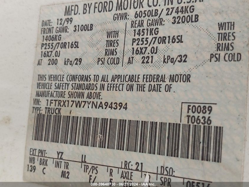 2000 Ford F-150 Lariat/Work Series/Xl/Xlt VIN: 1FTRX17W7YNA94394 Lot: 39648730