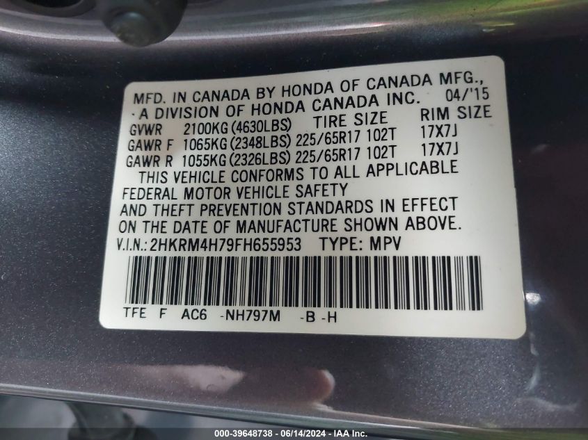 2015 Honda Cr-V Ex-L VIN: 2HKRM4H79FH655953 Lot: 39648738