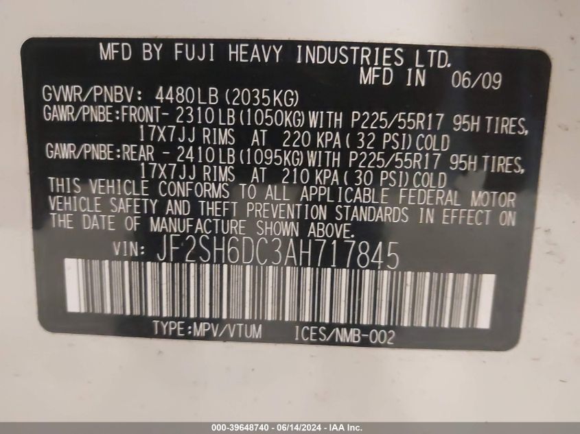 2010 Subaru Forester 2.5X Limited VIN: JF2SH6DC3AH717845 Lot: 39648740