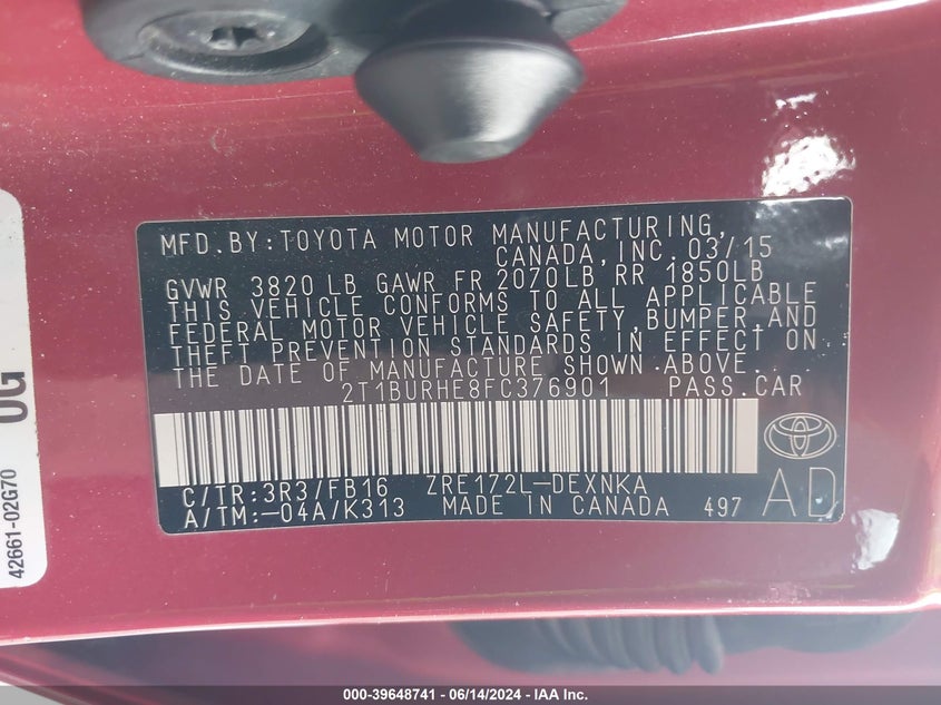 2015 Toyota Corolla Le VIN: 2T1BURHE8FC376901 Lot: 39648741